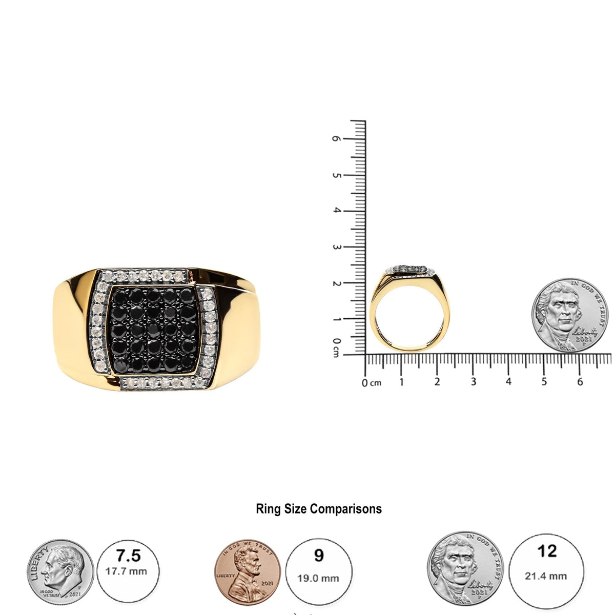 Men's 10K Yellow Gold 1.00 Cttw Cushion Cluster Black and White Diamond Statement Ring (I-J Color, I2-I3 Clarity)