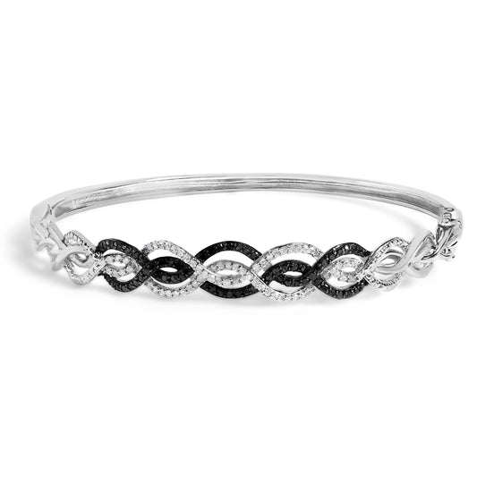 .925 Sterling Silver 3/8 Cttw White and Black Diamond Swirl Bangle Bracelet (Black Color, I3 Clarity) - 7.75" Inches