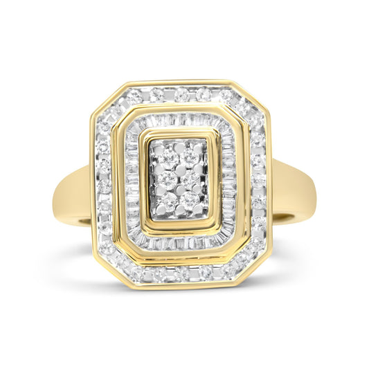 10K Yellow Gold 1.0 Cttw Diamond Vintage Inspired Baguette-Cut Double Halo Emerald-Shaped Frame Cocktail Ring (I-J Color, I1-I2 Clarity) - JackiEaslick