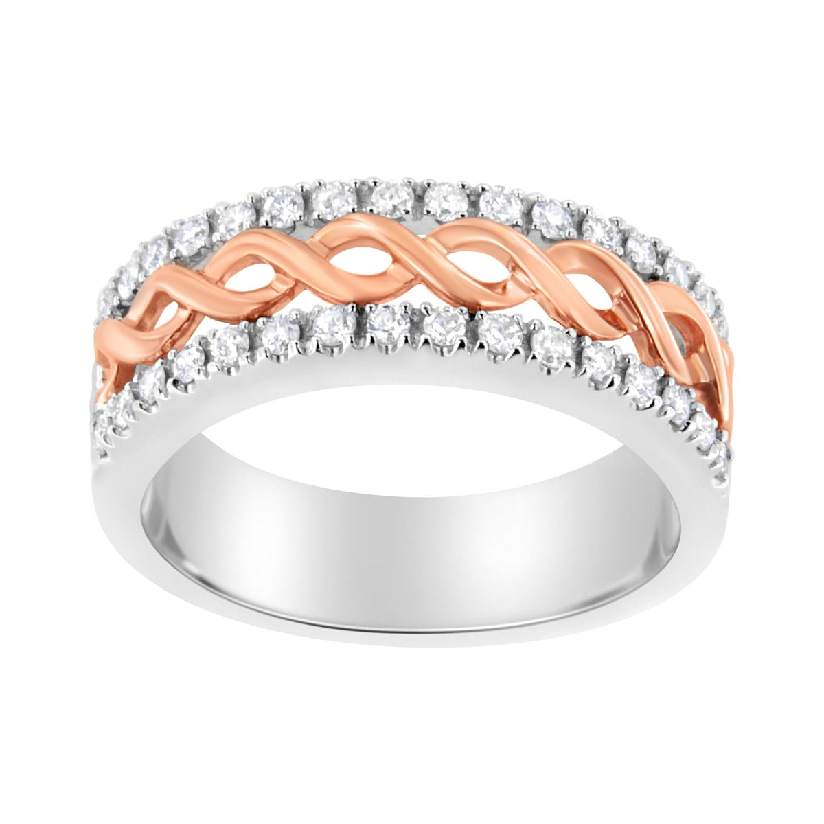 10K White and Rose Gold 1/3 Cttw Diamond Split Shank and Infinity Ribbon Band Ring (I-J Color, I1-I2 Clarity) - JackiEaslick