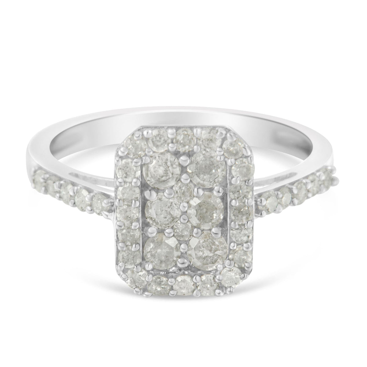 .925 Sterling Silver 1.0 Cttw Diamond Emerald-Shaped Cluster with Halo Cathedral Style Cocktail Ring (I-J Color, I3 Clarity) - JackiEaslick