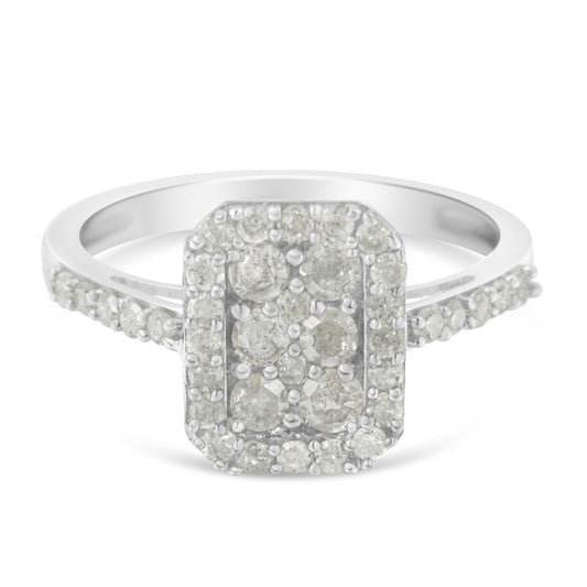 .925 Sterling Silver 1.0 Cttw Diamond Emerald-Shaped Cluster with Halo Cathedral Style Cocktail Ring (I-J Color, I3 Clarity) - JackiEaslick