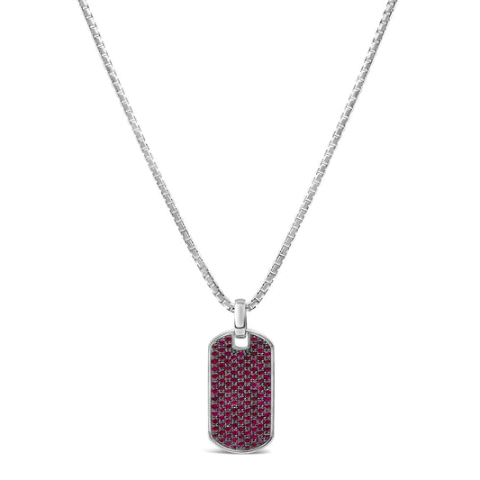 Men's .925 Sterling Silver Created Red Ruby Dog Tag Pendant Necklace - 22" Inches