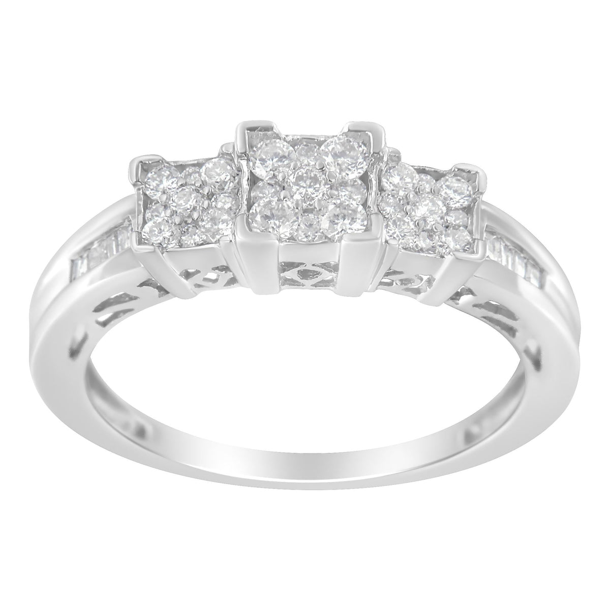10K White Gold 1/2 Cttw Brilliant & Baguette Cut Diamond 3 Stone Design with 3 Square Clusters Engagement Ring (H-I Color, SI2-I1 Clarity) - JackiEaslick