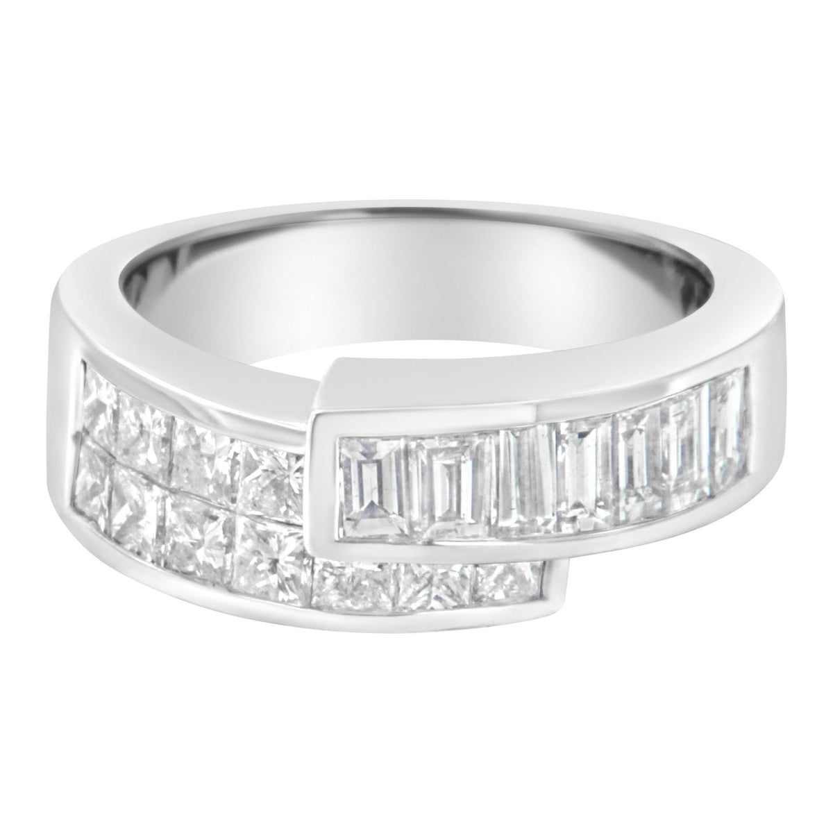 14K White Gold 2.0 Cttw Channel-Set Princess and Baguette-Cut Diamond Bypass Ring Band (G-H Color, SI1-SI2 Clarity) - JackiEaslick