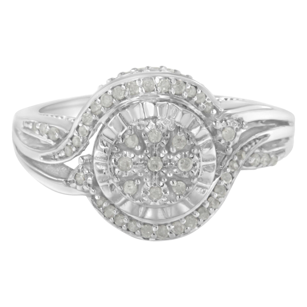 .925 Sterling Silver 1/4 Cttw Diamond Round Cluster Miracle-Plate Halo Split Shank Band Cocktail Engagement Ring (I-J Color, I3 Clarity) - JackiEaslick