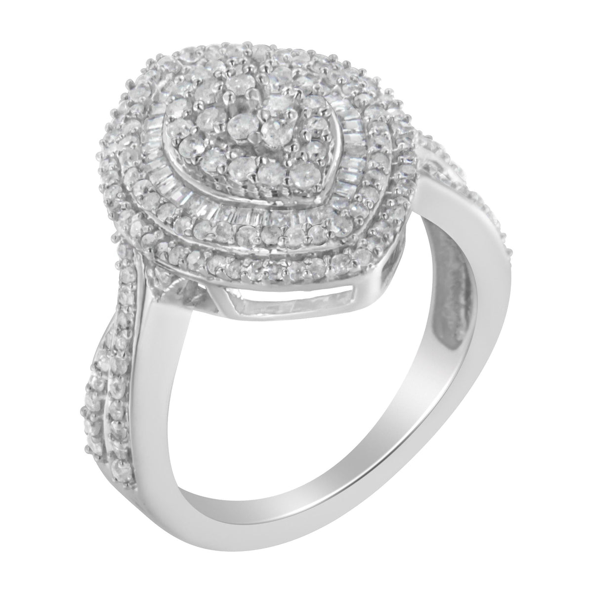 .925 Sterling Silver 1.0 Cttw Round & Baguette-Cut Diamond Marquise-Shaped Cluster Triple Stepped Halo Cocktail Fashion Ring (I-J Color, I2-I3 Clarity) - JackiEaslick