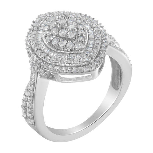 .925 Sterling Silver 1.0 Cttw Round & Baguette-Cut Diamond Marquise-Shaped Cluster Triple Stepped Halo Cocktail Fashion Ring (I-J Color, I2-I3 Clarity) - JackiEaslick