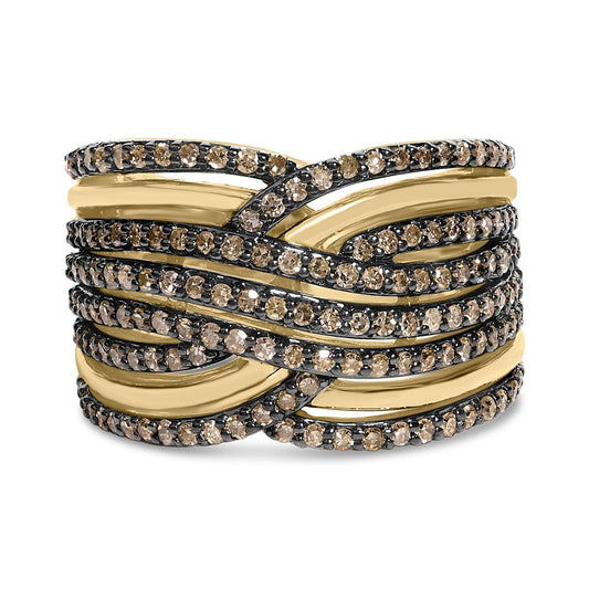 10K Yellow Gold Plated .925 Sterling Silver 1.0 Cttw Champagne Diamond Multi Row Cross Over Band Ring
