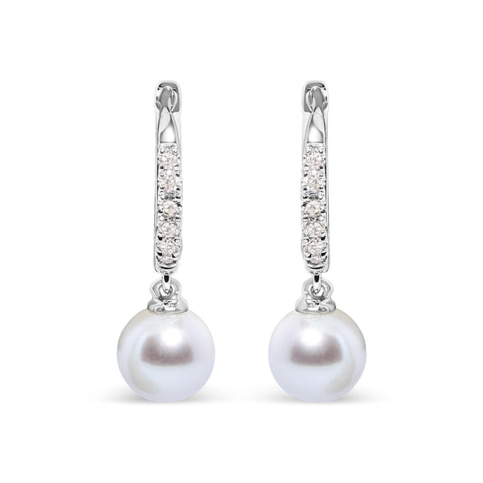 10K White Gold 6x6 MM Cultured Freshwater Pearl and Diamond Accent Drop Huggy Earring (H-I Color, I1-I2 Clarity)