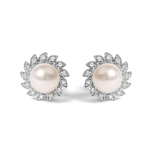 10K White Gold Heirloom-Style Pearl and Diamond Accent Halo Stud Earrings (I-J color, I1-I2 Clarity)