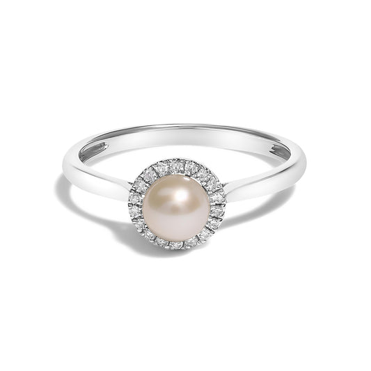 10K White Gold 5MM Cultured Freshwater Pearl  and Diamond Halo Ring (I-J Color, I1-I2 Clarity)