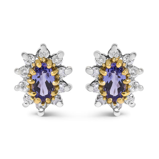 14K Yellow Gold 1/4 Cttw Diamond and Blue Purple Tanzanite Sunburst Halo Stud Earrings (K-L Color, I1-I2 Clarity)