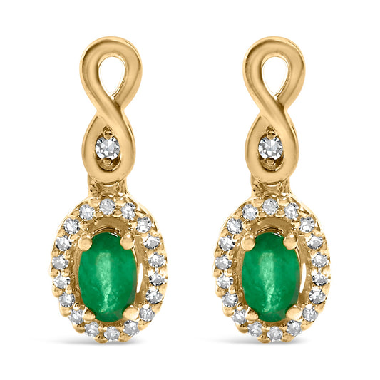 10K Yellow Gold Oval Cut Green Emerald 5x3 mm and 1/7 Cttw Round Diamond Dangle Earrings