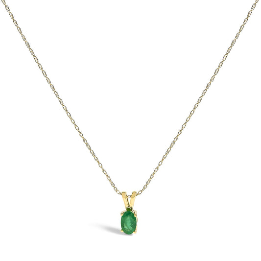 14K Yellow Gold Oval Green Emerald Solitaire Pendant Necklace - 18" Inches