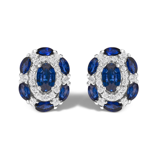 14K White Gold Blue Sapphire and Diamond Vintage Style Stud Earrings (G-H Color, SI2-I1 Clarity)