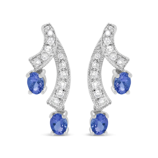 14K White Gold 4x3MM Oval Shaped Natural Blue Tanzanite Gemstone and 1/5 Cttw Diamond Double 3/4" Inch Drop Stud Earrings (H-I Color, VS1-VS2 Clarity)