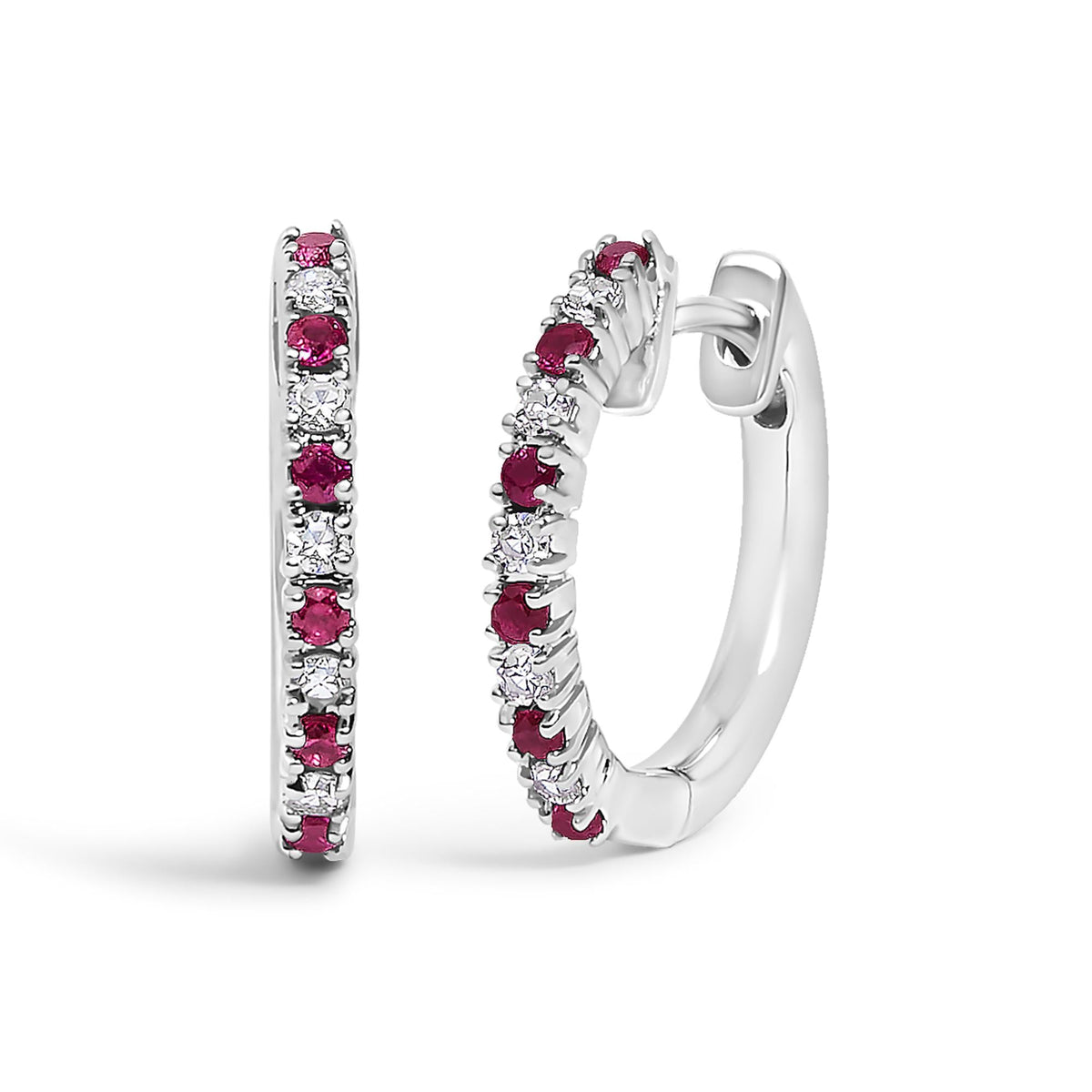 10K Gold Alternating Diamond and Red Ruby Huggy Hoop Earrings