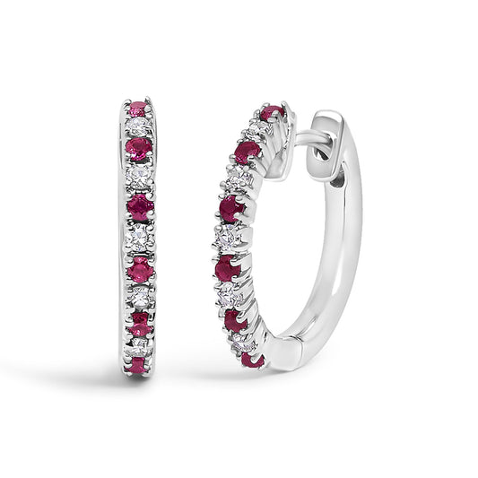 10K Gold Alternating Diamond and Red Ruby Huggy Hoop Earrings