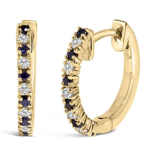 10K Yellow Gold Alternating Blue Sapphire 1/10 Cttw Diamond Huggy Hoop Earrings  (I-J Color, I1-I2 Clarity)