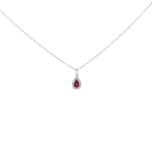 14K White Gold 6x4 Pear Red Ruby and Diamond Halo Pendant Necklace - 18" Inches