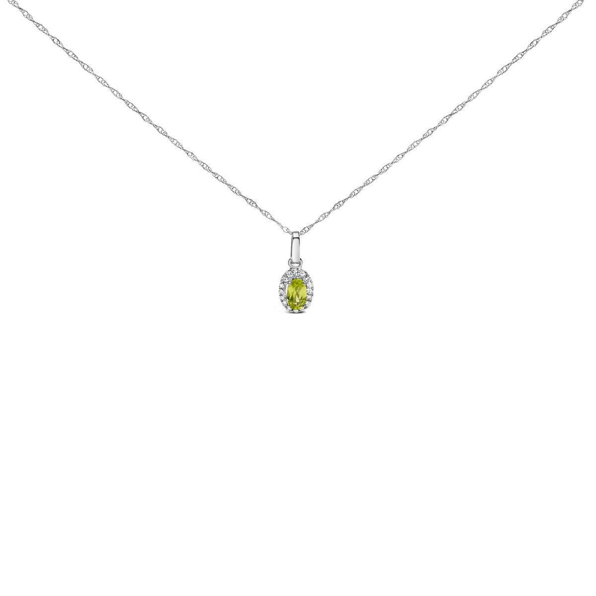 10K White Gold 5x3mm Gemstone and Diamond Accent Halo Oval Shape 18" Pendant Necklace (I-J Color, I1-I2 Clarity)