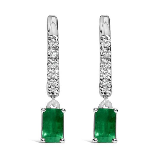 10K White Gold Oval Green Emerald and 1/8 Cttw Diamond Drop Earrings  (I-J Color, I1-I2 Clarity)
