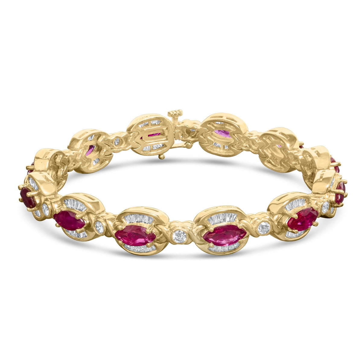 14K Yellow Gold 8x4 MM Marquise Red Ruby and 2.0 Cttw Diamond Vintage Style Oval Link Bracelet - 7.25"