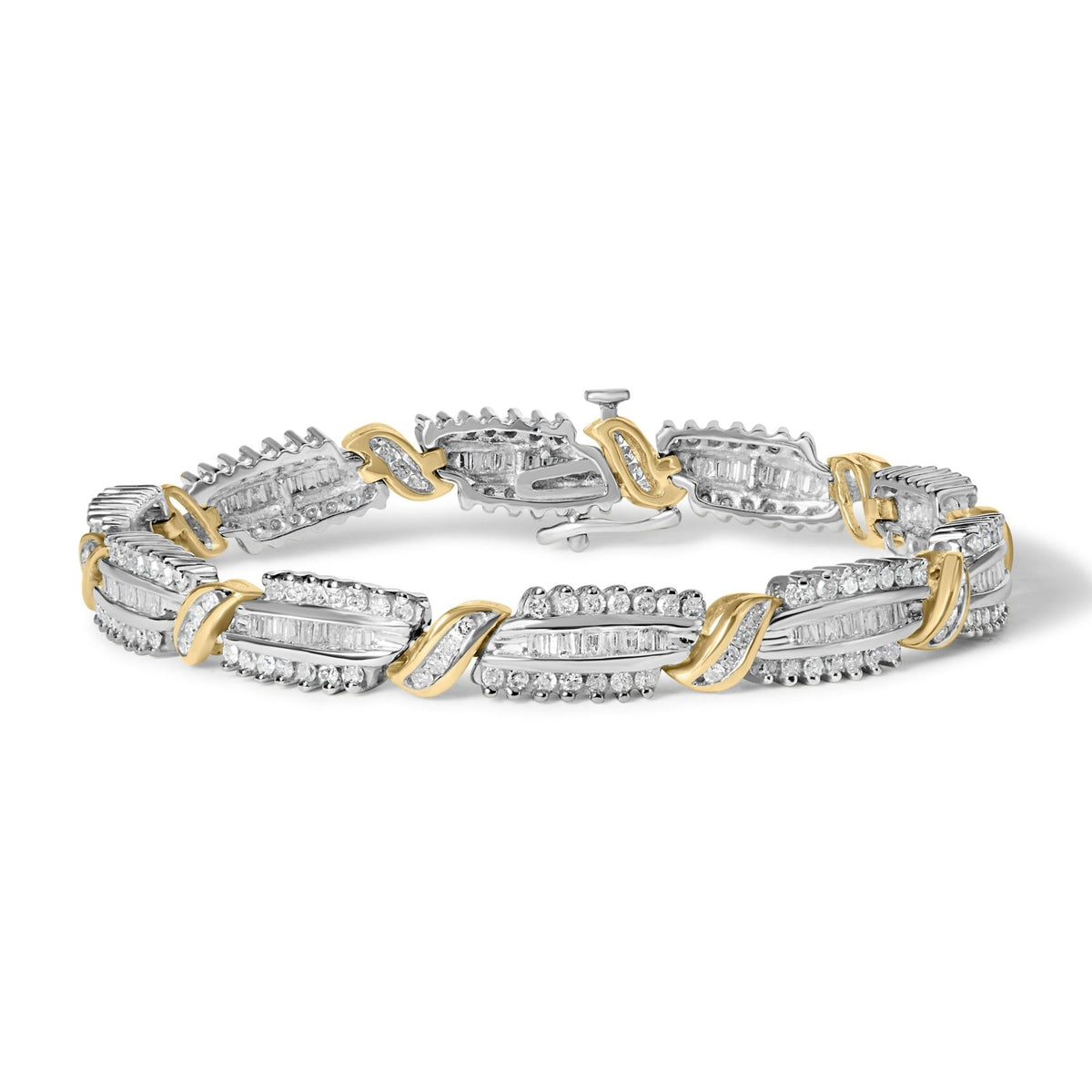 14K Two Tone Gold 3.00 Cttw Diamond Multi Row and S Link Bracelet (H-I Color, I1-I2 Clarity) - 7" Inches