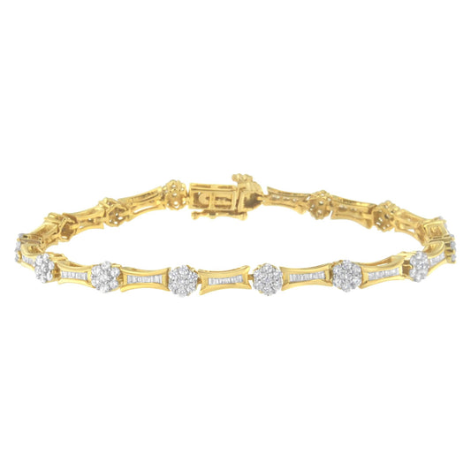 10K Yellow and White Gold 2.00 cttw Round and Baguette-Cut Diamond Link Bracelet (I-J Color, I2-I3 Clarity) - Size 7.25" - JackiEaslick
