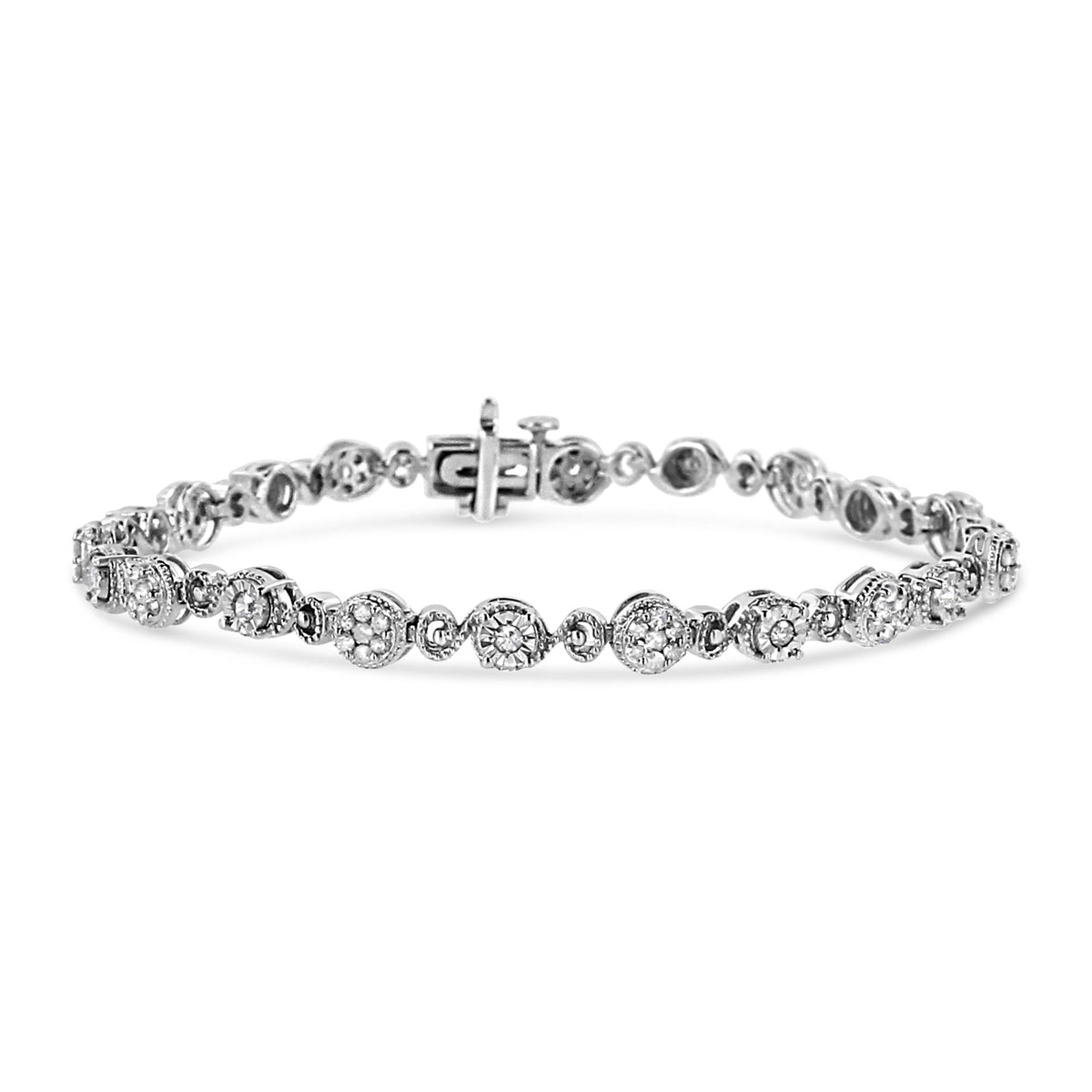 .925 Sterling Silver 1.0 Cttw Diamond Swirl Beaded Link Bracelet (I-J Color, I3-Promo Clarity) - 7.25" Inches - JackiEaslick