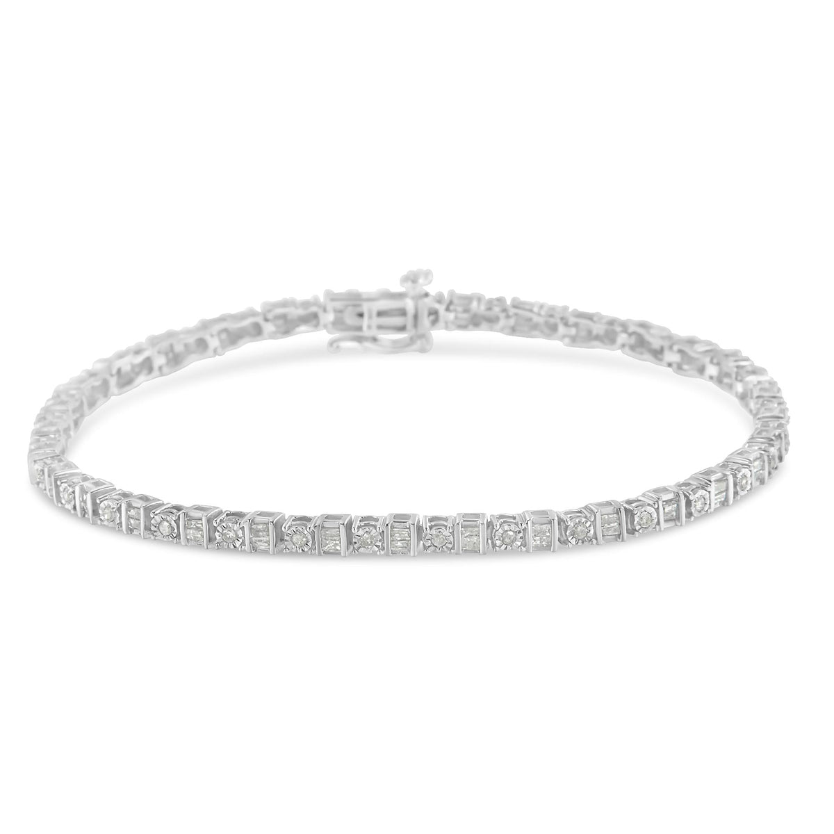 10K White Gold 1.0 Cttw Baguette & Round Diamond Alternating Link Tennis Bracelet (I-J Color, I2-I3 Clarity) - 7” - JackiEaslick