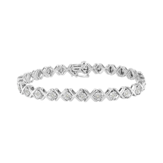 .925 Sterling Silver 1/4 Cttw Miracle-Set Round Cut Diamond "X" Link Bracelet (I-J Color, I3 Clarity) - Size 7.25"