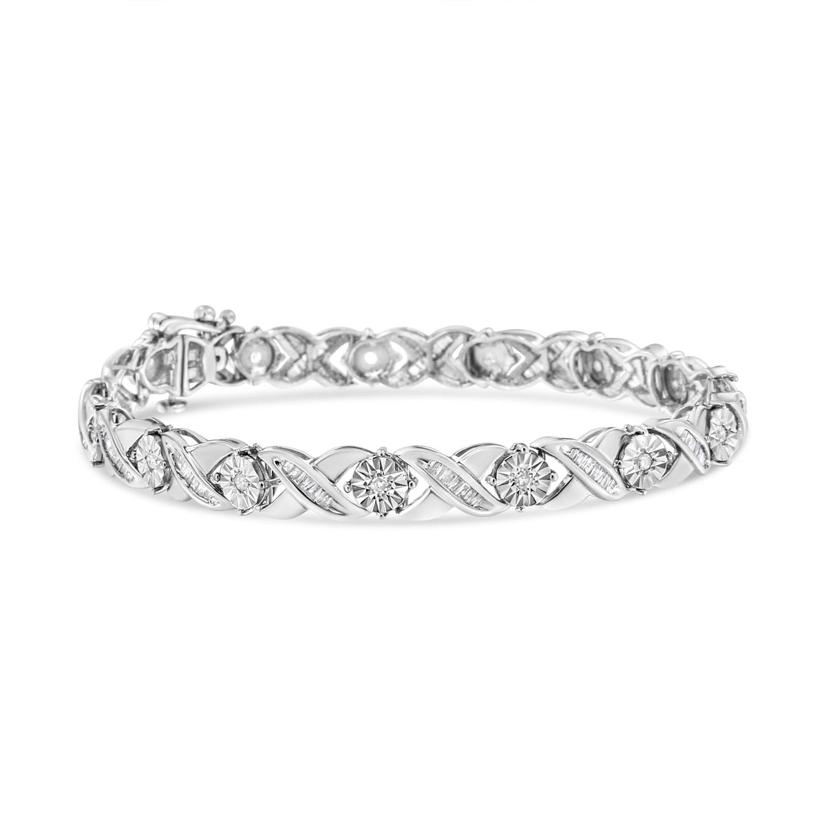 .925 Sterling Silver 1.0 Cttw Round-Brilliant and Baguette Cut Diamond Miracle-Set X-Link 7" Tennis Bracelet (I-J Color, I2-I3 Clarity) - JackiEaslick