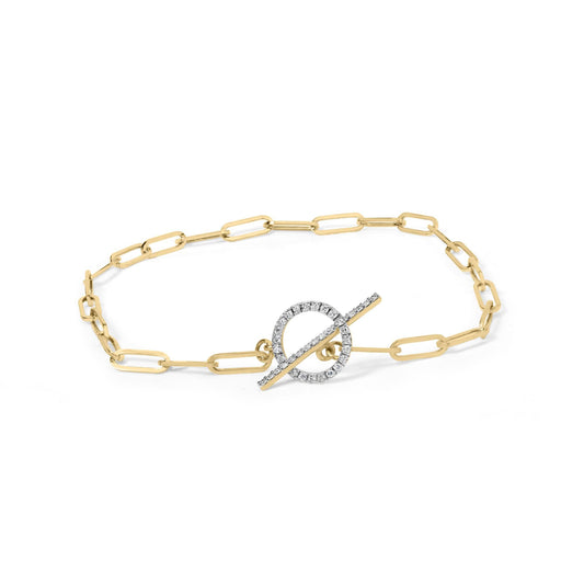14KT Yellow Gold 1/4ct Cttw Diamond Bar and Hoop Toggle Paperclip Chain Bracelet (I-J Color, I1-I2 Clarity) - 7.25"