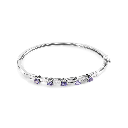 14K Gold Alternating Trillion Tanzanite and 1/3 Cttw Diamond Bangle Bracelet - Size 7"