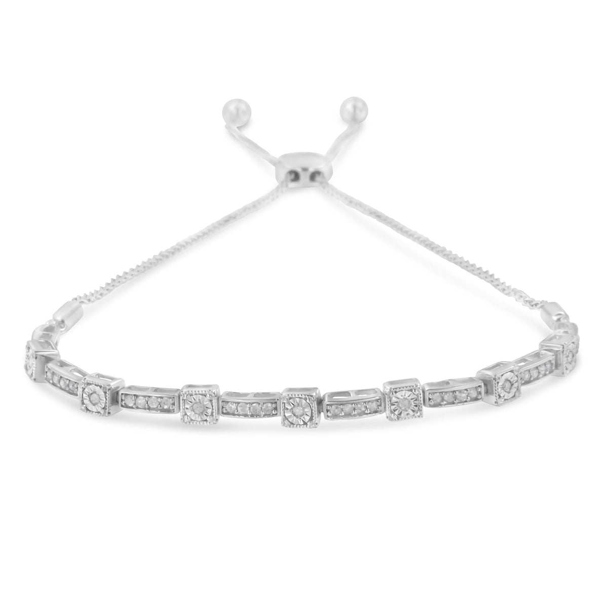 .925 Sterling Silver 1/4 Cttw Diamond 4”-10” Adjustable Bolo Alternating Square and Rectangle Bolo Bracelet (I-J Color, I3 Clarity) - JackiEaslick
