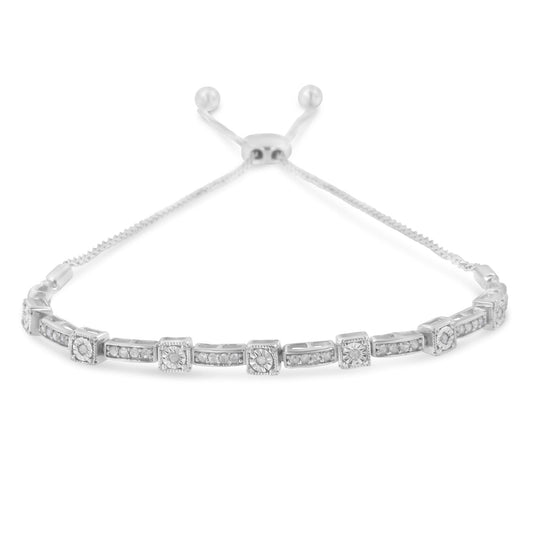 .925 Sterling Silver 1/4 Cttw Diamond 4”-10” Adjustable Bolo Alternating Square and Rectangle Bolo Bracelet (I-J Color, I3 Clarity) - JackiEaslick