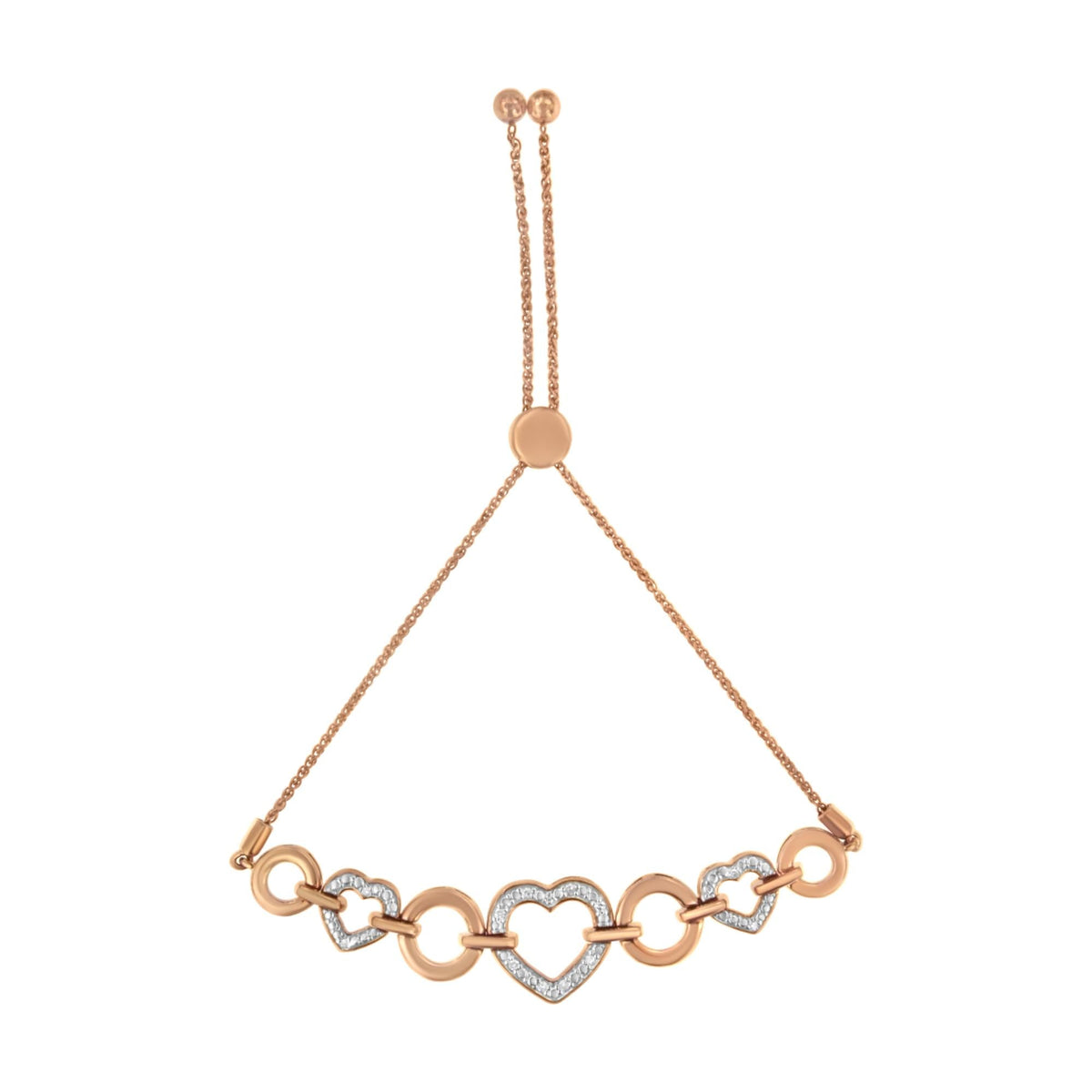 14K Rose Gold Plated .925 Sterling Silver Diamond Accent Circle and Heart Link Adjustable 6”-10” Bolo Bracelet (I-J Color, I3 Clarity) - JackiEaslick