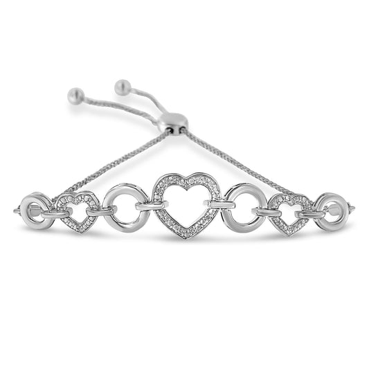 .925 Sterling Silver Diamond Accent Interlinking Triple Heart 4”-10” Adjustable Bolo Tennis Bracelet Bolo Bracelet (H-I Color, I2-I3 Clarity) - JackiEaslick