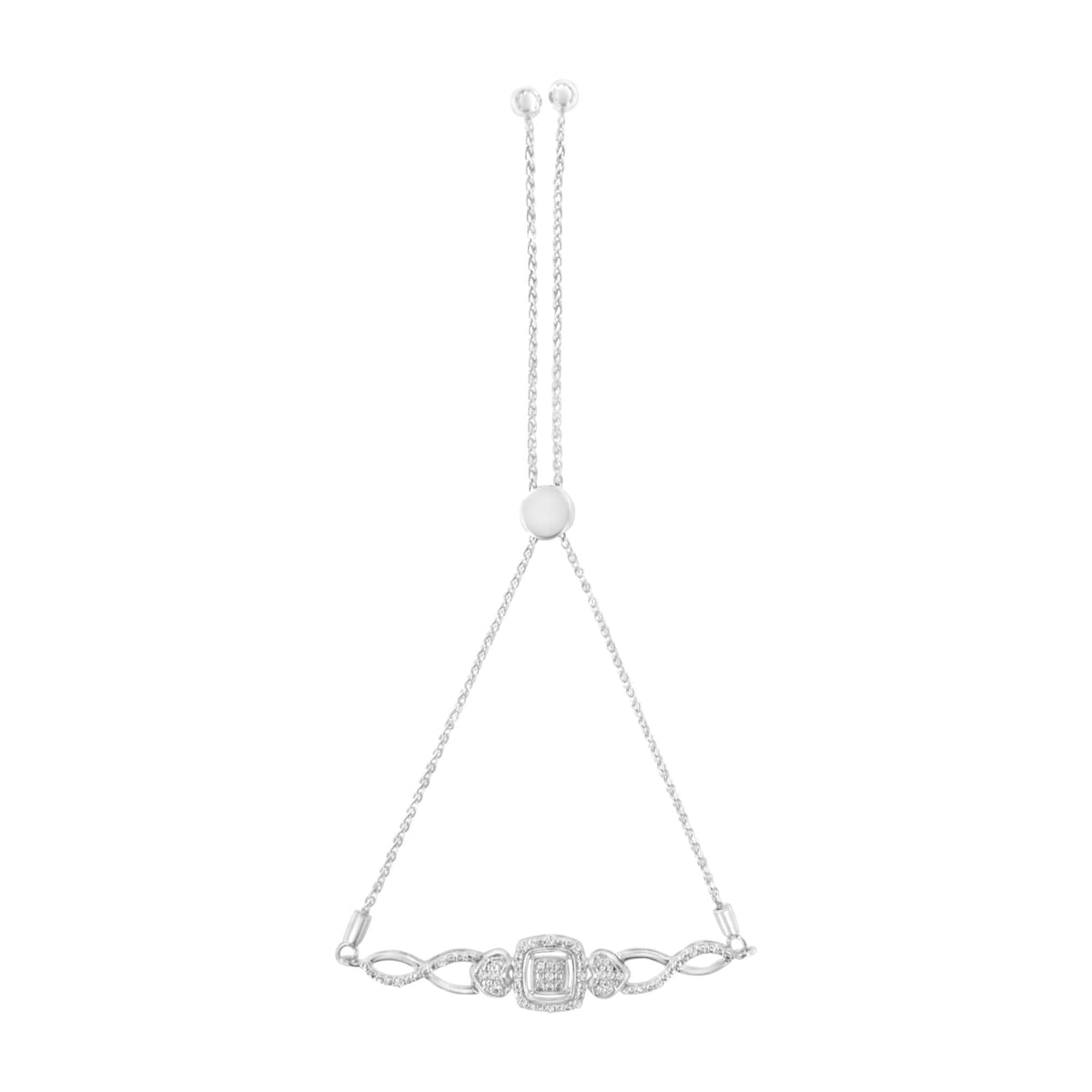 .925 Sterling Silver Diamond Cushion Frame Heart-Sides Twist 4”-10” Adjustable Bolo Tennis Bolo Bracelet (I-J Color, I3 Clarity) - JackiEaslick