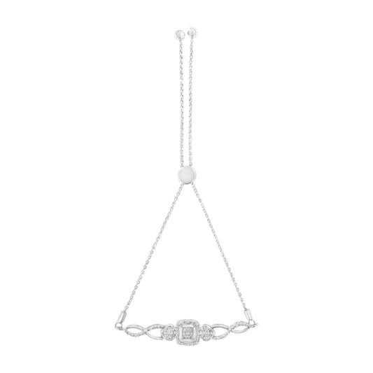.925 Sterling Silver Diamond Cushion Frame Heart-Sides Twist 4”-10” Adjustable Bolo Tennis Bolo Bracelet (I-J Color, I3 Clarity) - JackiEaslick