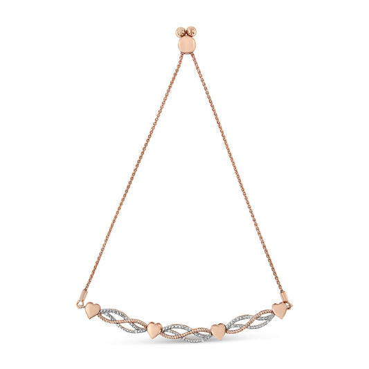 14K Rose Gold Plated .925 Sterling Silver Cttw Diamond Accent Layered Infinity Link and Heart Adjustable 4”-10” Adjustable Bolo Bracelet (I-J Color, I3 Clarity) - JackiEaslick