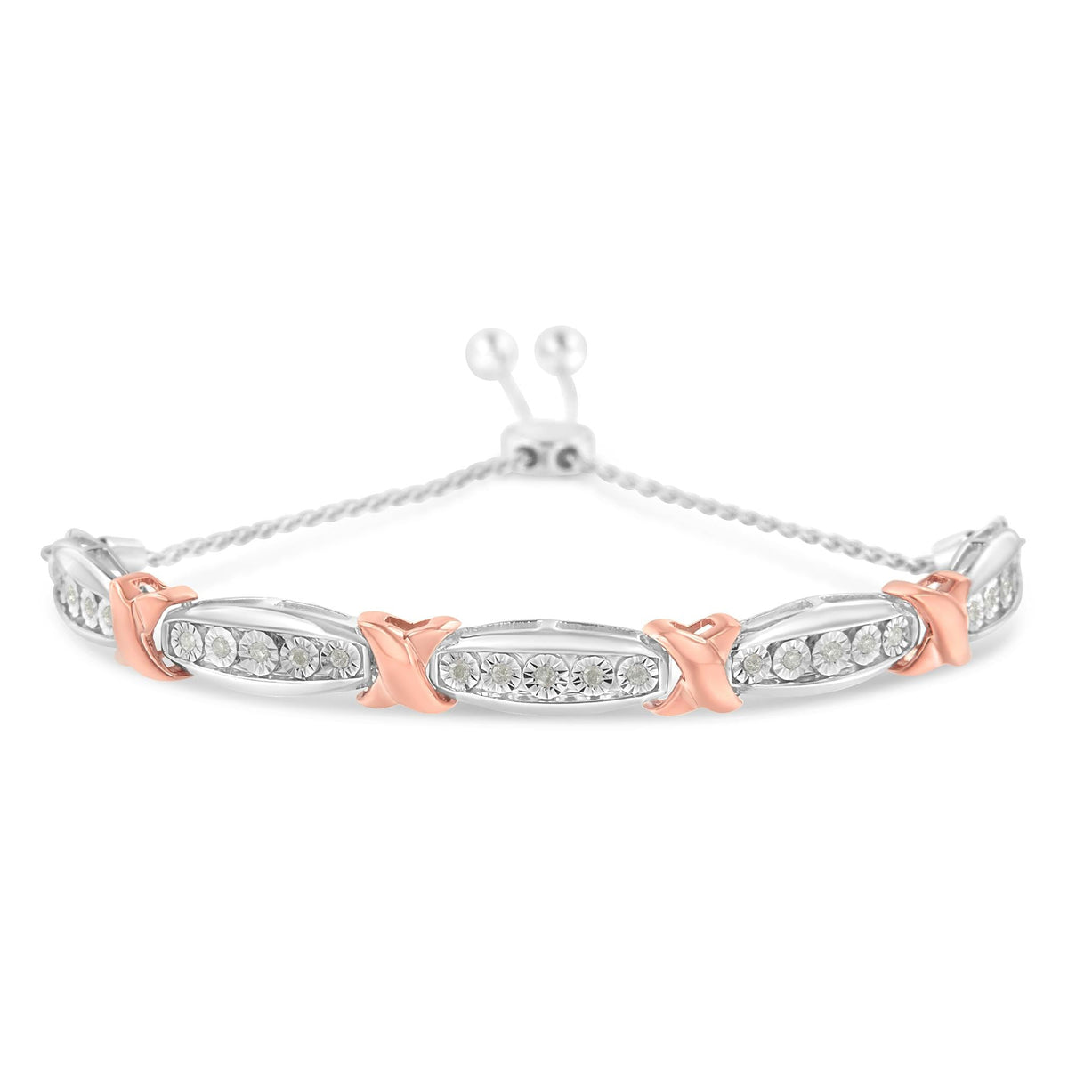 .925 Sterling Silver 1/4 Cttw Round-Cut Diamond X & Tapered Bar Miracle-Set Bolo Bracelet (I-J Color, I3 Clarity) - Two Tone Rose Gold & Silver - JackiEaslick