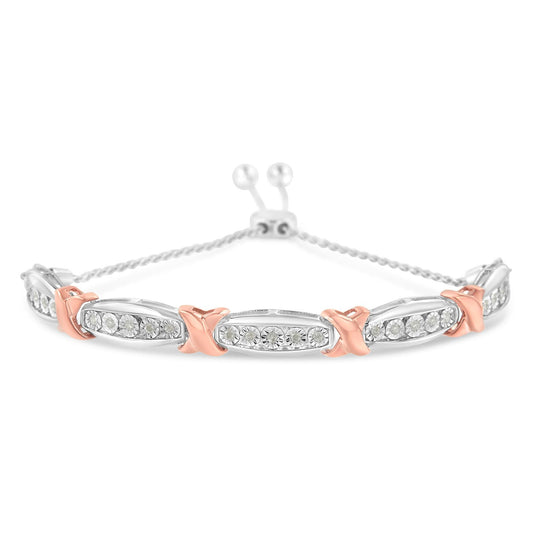 .925 Sterling Silver 1/4 Cttw Round-Cut Diamond X & Tapered Bar Miracle-Set Bolo Bracelet (I-J Color, I3 Clarity) - Two Tone Rose Gold & Silver - JackiEaslick