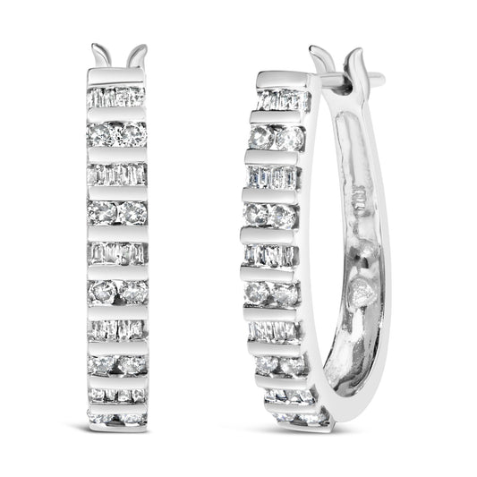 10K White Gold 1.0 Cttw Alternating  Diamond "U" Hoop Earrings (I-J Color, I2-I3 Clarity)