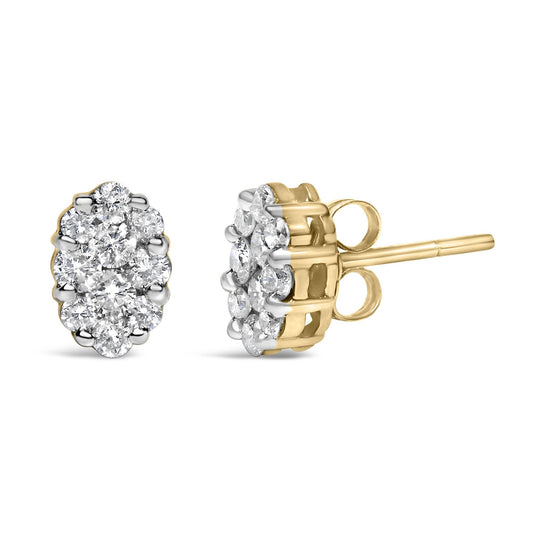 18K Yellow Gold 1.00 Diamond Oval Shaped Composite Cluster Stud Earrings (H-I Color, I1-I2 Clarity)