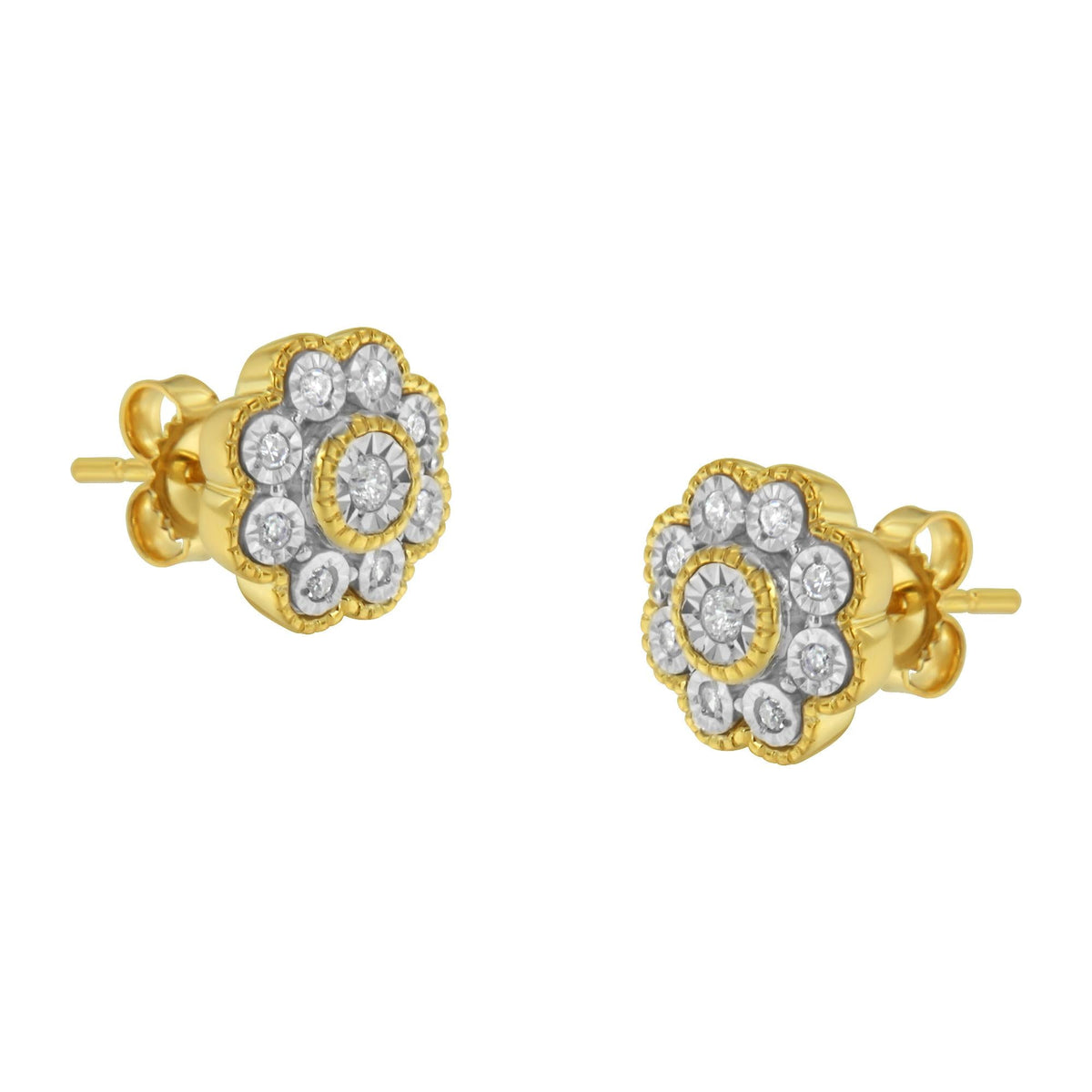 14K Yellow Gold Plated .925 Sterling Silver 1/6 Cttw Miracle-Plate Set Diamond Floral Stud Earrings (I-J Color, I2-I3 Clarity) - JackiEaslick