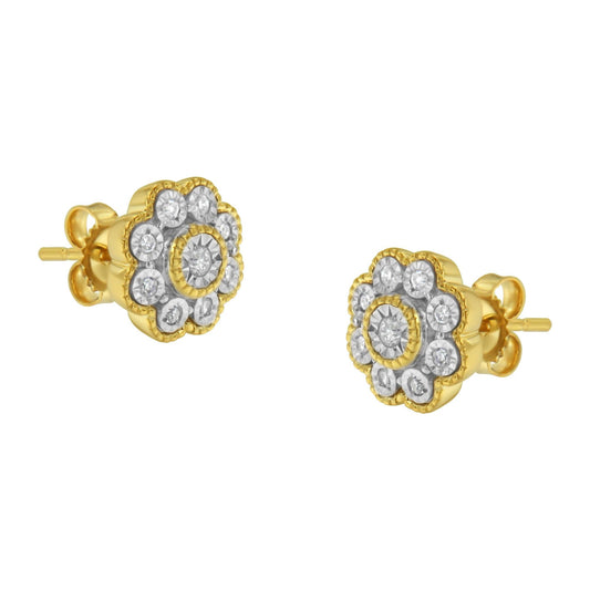 14K Yellow Gold Plated .925 Sterling Silver 1/6 Cttw Miracle-Plate Set Diamond Floral Stud Earrings (I-J Color, I2-I3 Clarity) - JackiEaslick
