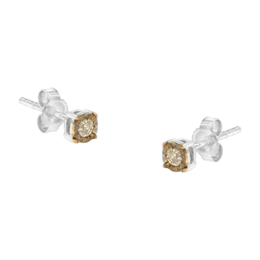 10K Yellow Gold over .925 Sterling Silver 1/10 Cttw Round Brilliant-Cut Champagne Diamond Miracle-Set Stud Earrings (Natural Color, I2-I3 Clarity) - JackiEaslick
